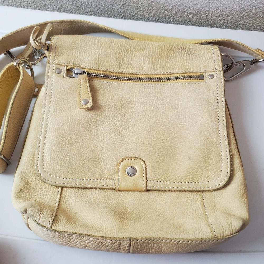 Fossil Yellow Pebbled Leather Crossbody Organizer Bag with Key Charm